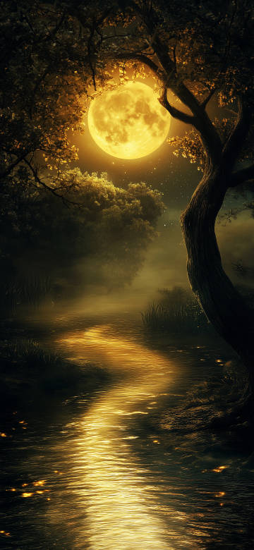 golden full moon moonlight shining on the water surface phone wallpaper