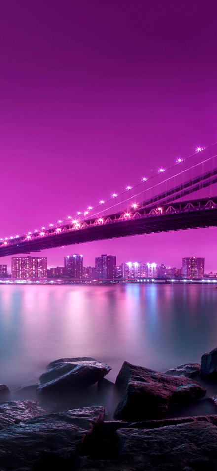 cool bridge over a purple lake 4K phone wallpaper
