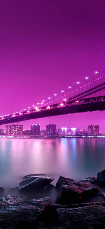 cool bridge over a purple lake 4K phone wallpaper