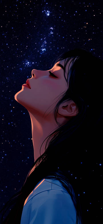 Girl closes her eyes and looks up at the starry sky illustration phone wallpaper