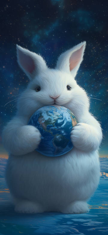 a huge white rabbit Holding the Earth with both hands phone wallpaper
