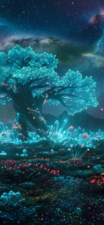 Luminous trees stand tall under the night sky phone wallpaper