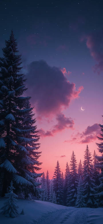 Snow covered Pines under a Pink Hued Sky
