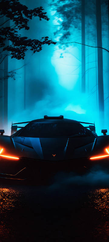 Black sports car in the foggy forest phone wallpaper