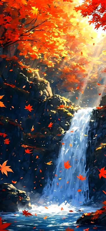 Anime style autumn scenery with falling red leaves phone wallpaper