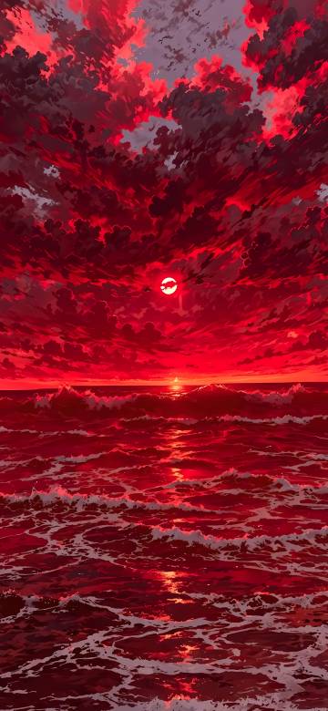 blood red sky and sea anime style seascape wallpaper