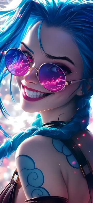 blue hair and round sunglasses girl phone wallpaper
