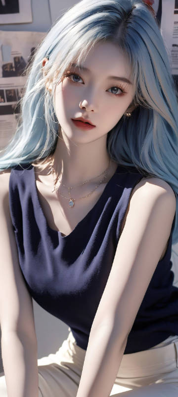 Newspaper wall cute girl blue hair phone wallpaper