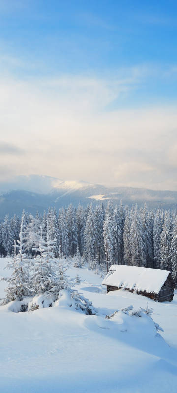 Winter Snow capped Mountain and Small House Scenery Phone Wallpaper