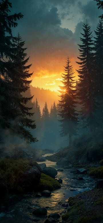 Forest stream at sunrise phone wallpaper
