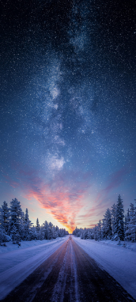 Winter Night Starry Sky Snow Scene Road Landscape Phone Wallpaper