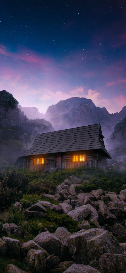 Mountain hut night view phone wallpaper
