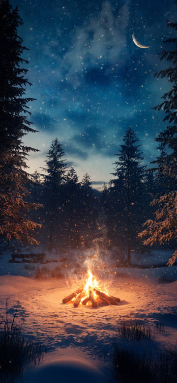 Bonfire in winter forest at night phone wallpaper