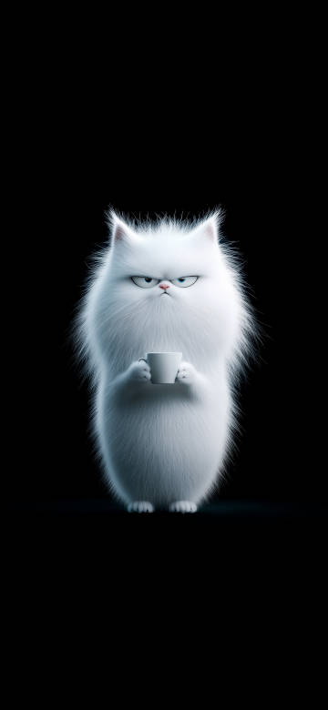 White Cat Holding a White Cup with a Serious Expression phone wallpaper