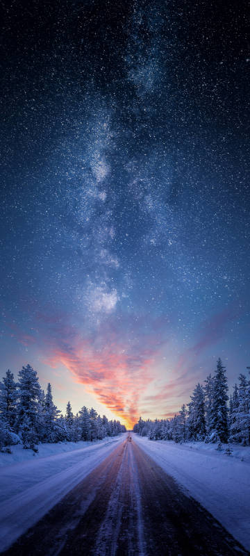 Winter Night Starry Sky Snow Scene Road Landscape Phone Wallpaper