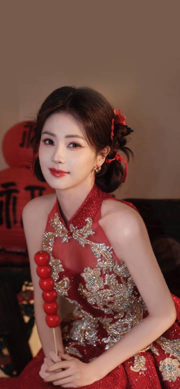 Chinese actress Bai Lu red dress phone wallpaper