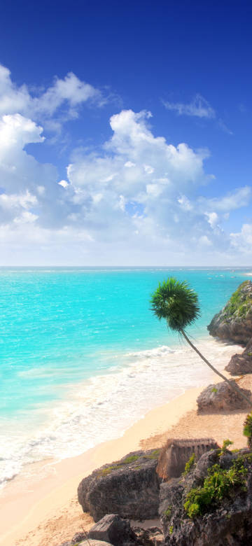 Blue sky, white clouds, blue sea, beach scenery phone wallpaper
