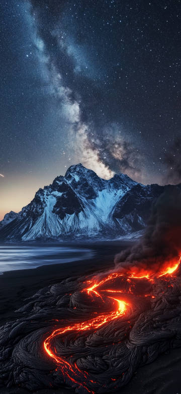 Starry sky, snowy mountains and volcanoes spectacular scenery phone wallpaper