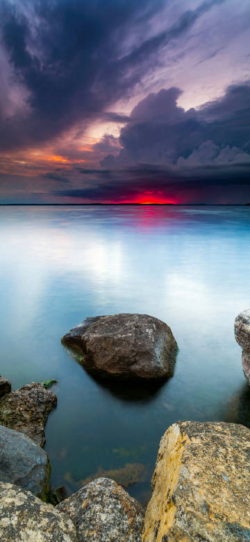 Sunset lake rock scenery phone wallpaper