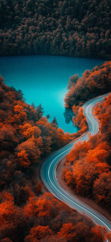Autumn lake and mountains winding road scenery 4k phone Wallpaper