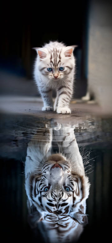 Kitten's reflection is a tiger 4k phone wallpaper