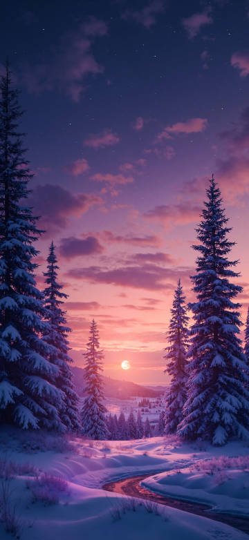 Pink and purple gradient sky winter snow scene phone wallpaper