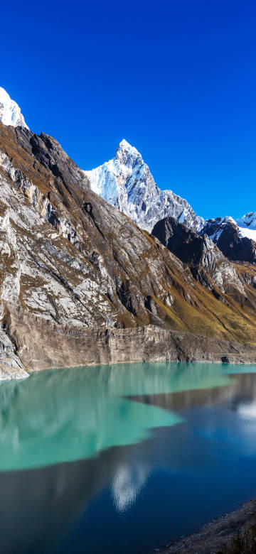 Blue sky, green lake, beautiful snow-capped mountains phone wallpaper
