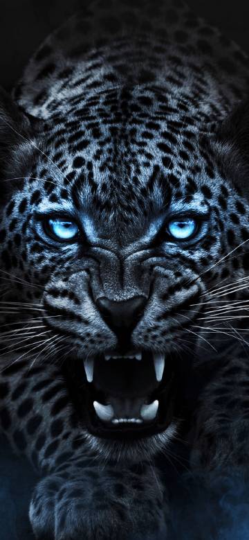 Black panther with blue eyes and sharp teeth phone wallpaper
