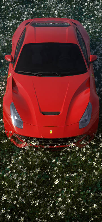 Red Ferrari sports car parked on the grass phone wallpaper