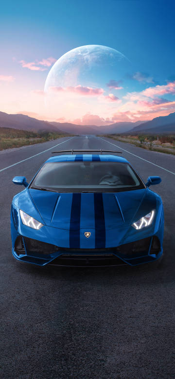 Blue Lamborghini parked on the road mobile wallpaper