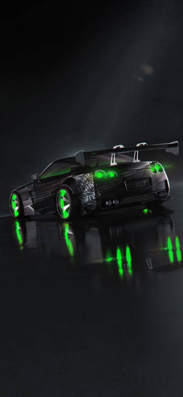 Car with green light in the dark night mobile wallpaper