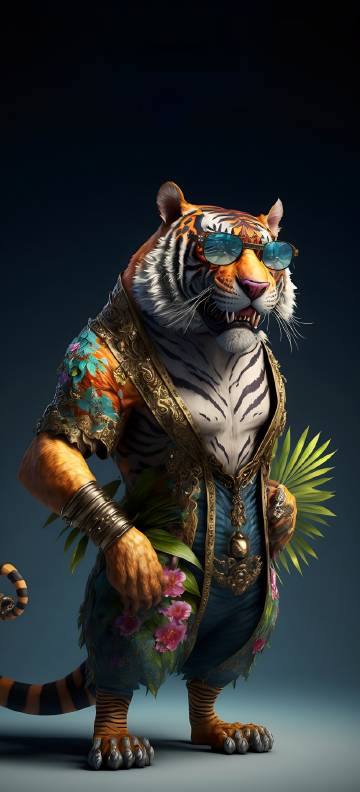 Tiger wearing blue sunglasses and golden decorations phone wallpaper