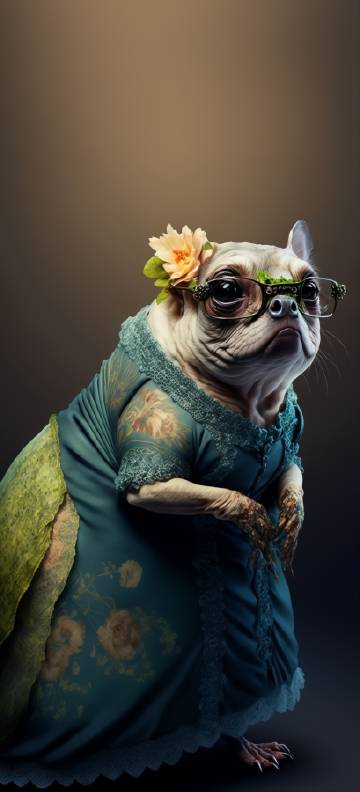 Anthropomorphic dog wearing glasses and retro style clothing