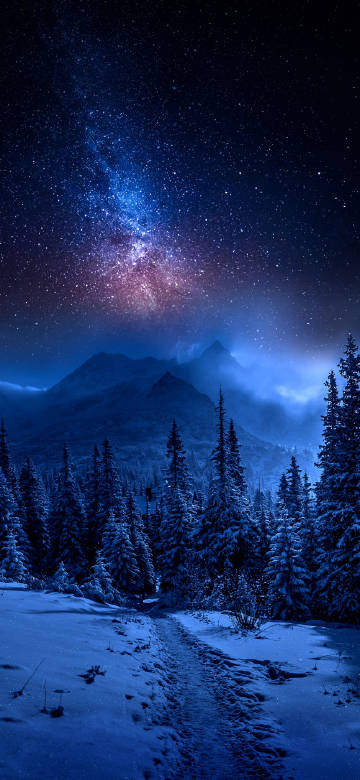 Snow mountain under the starry night sky mobile wallpaper