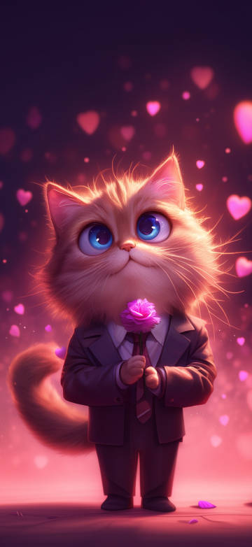 Orange cat in a suit holding a pink flower