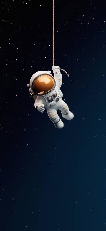 Astronaut suspended in space holding onto a rope