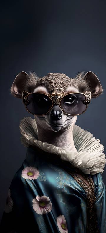 Meerkat wearing sunglasses and a white frilly collar