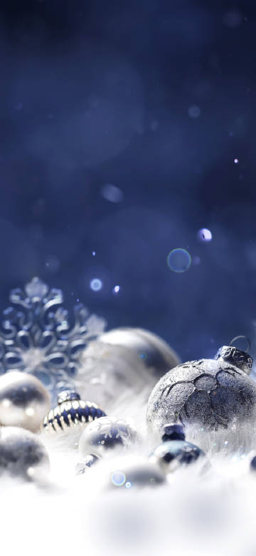 Blue background, silver Christmas decorations