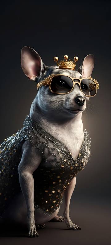 Anthropomorphic puppy wearing a golden crown and sunglasses