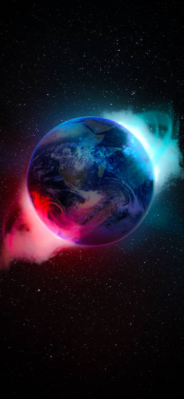 Earth in space, glowing in red and cyan
