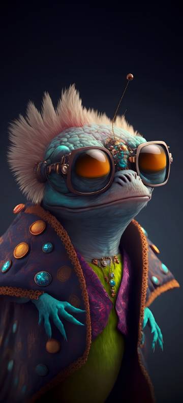 Anthropomorphic lizard wearing sunglasses