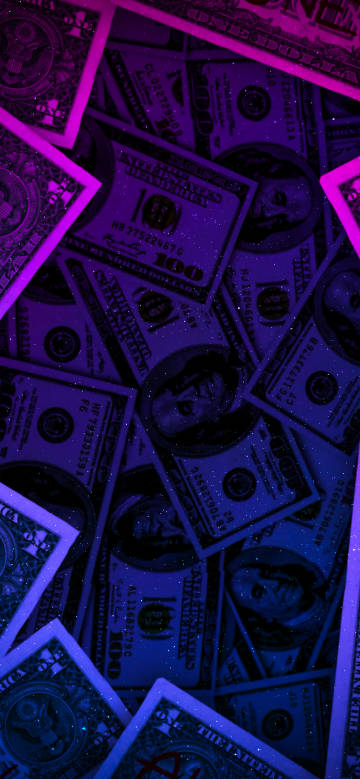 Dollar banknotes under purple-blue light