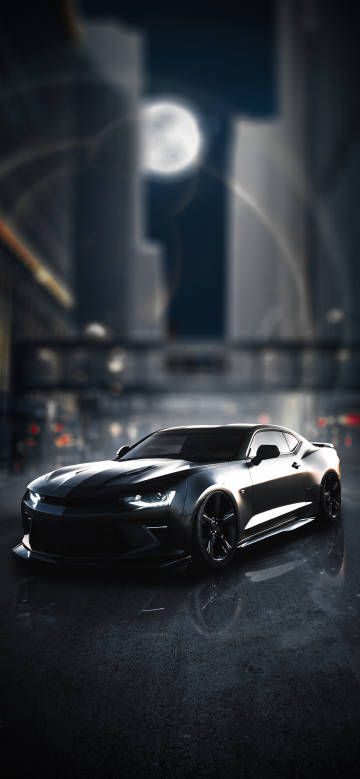 Black sports car in the city night scene phone wallpaper