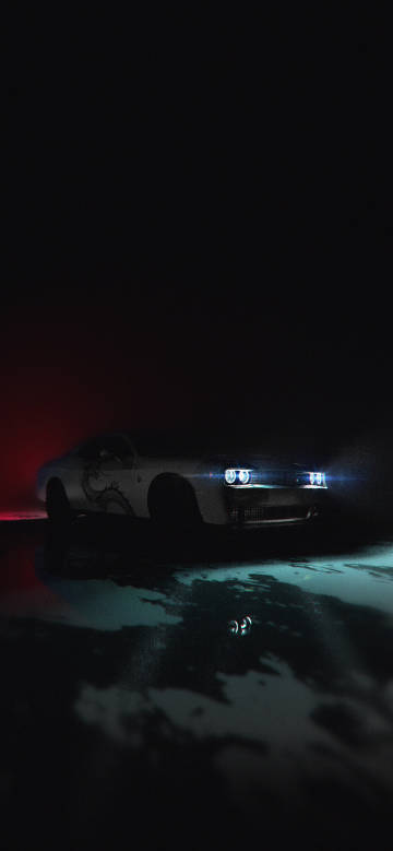 Car with lights on in the dark night phone wallpaper