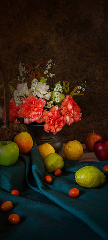 Flowers and fruits on blue-green fabric phone wallpaper