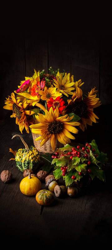Flowers and fruits on wooden board mobile wallpaper