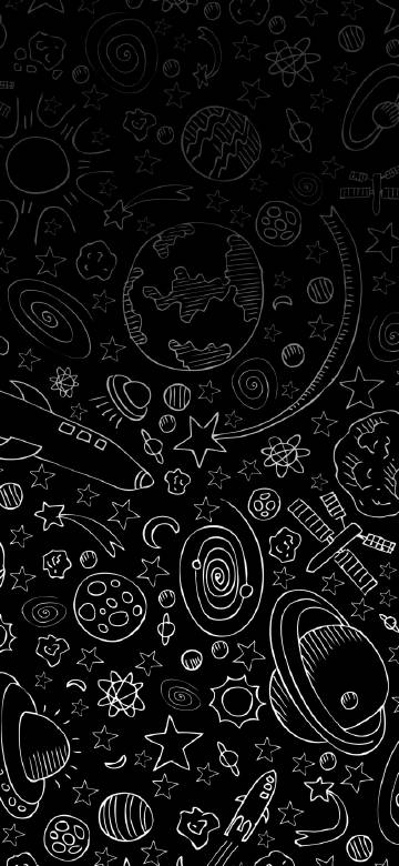 Space-themed black and white hand-painted phone wallpaper