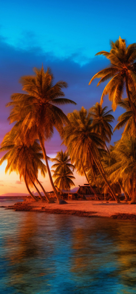 Tropical Beach with Palm Trees at Sunset 4K Wallpaper