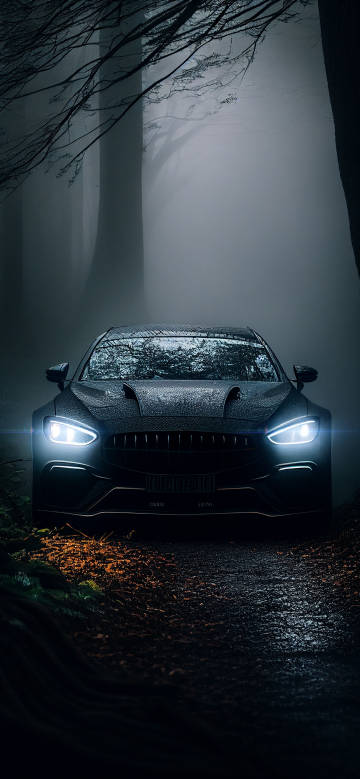 Black Aston Martin in a Foggy Forest 4K Phone Wallpaper