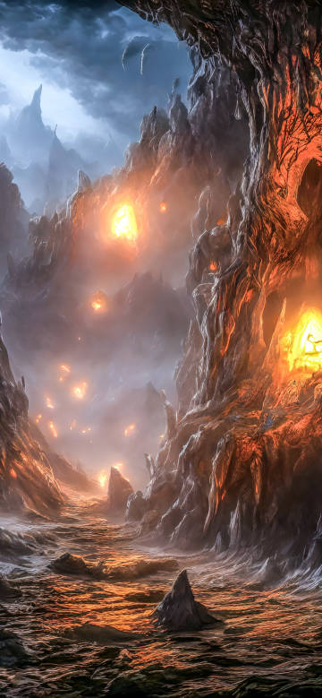 Lava Cavern in Dark Mountains 4K Phone Wallpaper